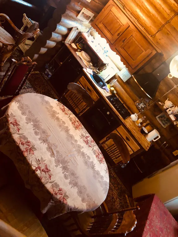 Изба (дом) из экологически чистого бревна под камышовой крышей в лесу