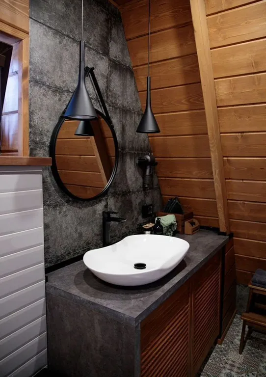 Дом А-фрейм с камином и баней с видом на лес