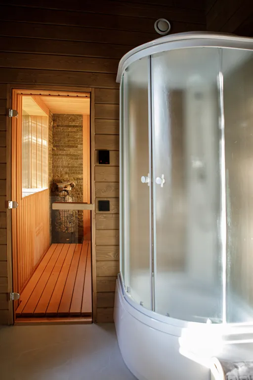 Дом с сауной и горячим чаном на участке с соснами