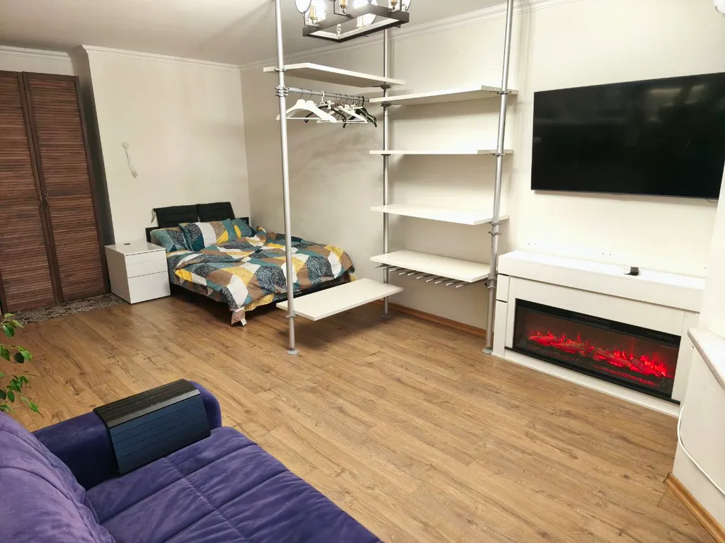 Студия с камином, деревом и видом на реку