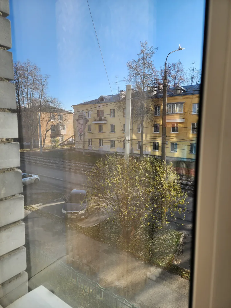 Вид из окна кухни на мурал Евстигнеева