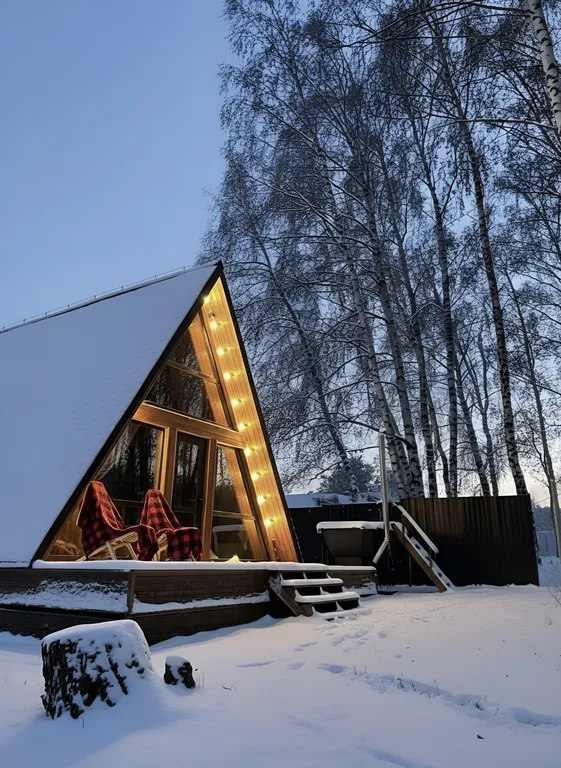 Уютный афрейм в березовом лесу