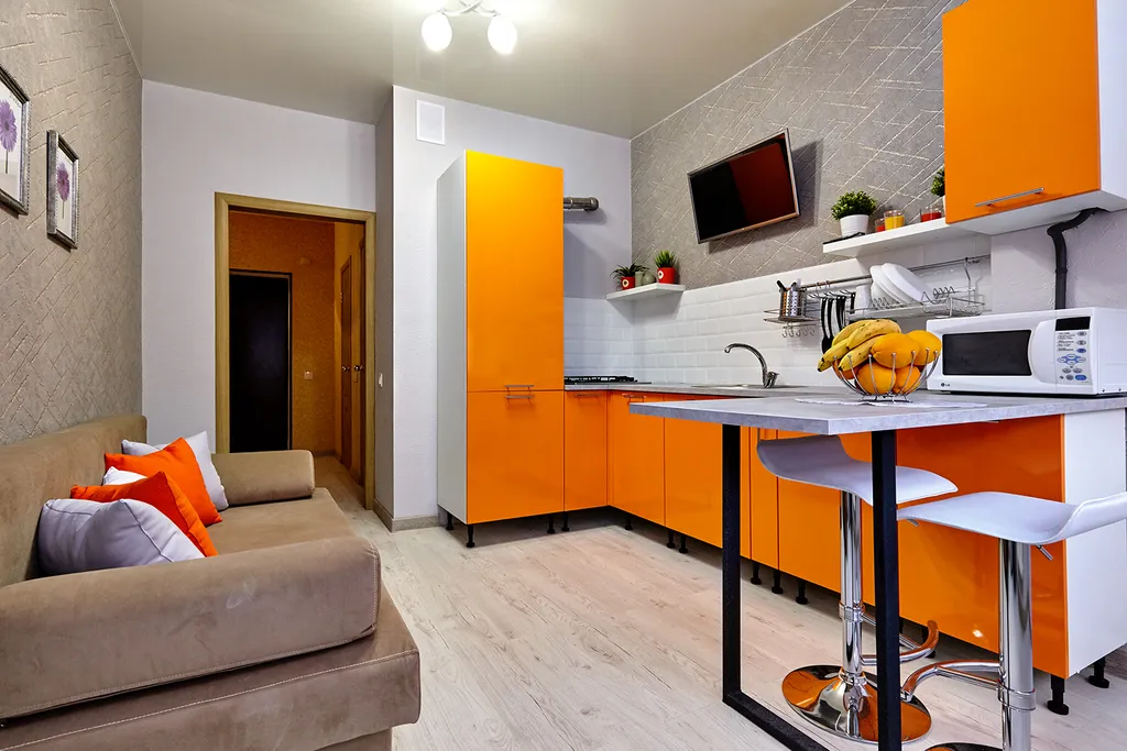 Апартаменты Оранж с диваном в кухне-гостиной