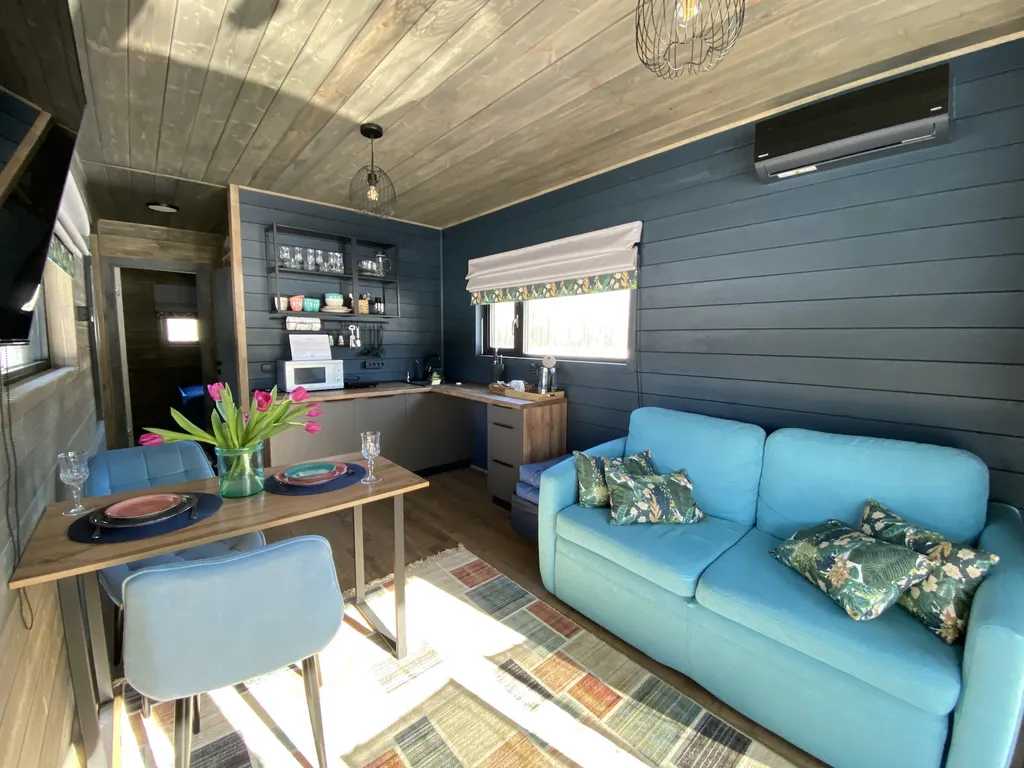 Домик ЧЕРНИКА. Большой пруд с пляжем в глэмпинге "Усадьба Ягодное".