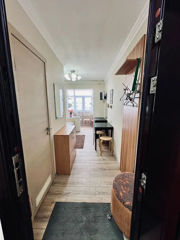 Уютная студия с односпальной кроватью, кухней и видом на город