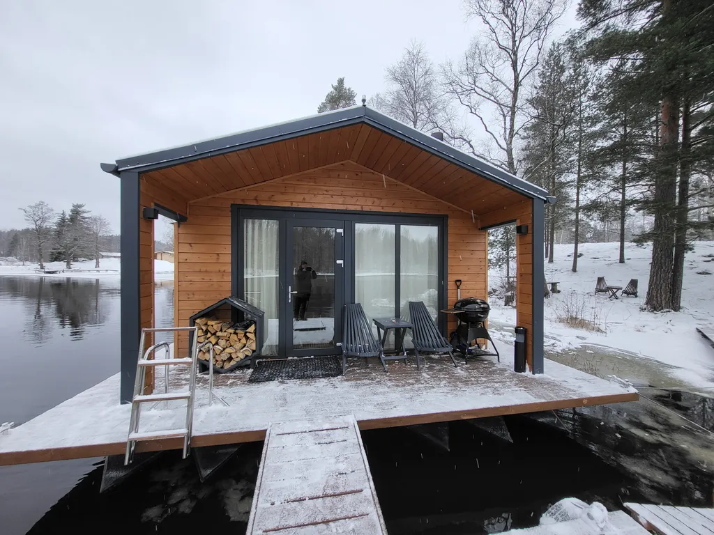 Дом на берегу реки, заснеженный лес, хаусбот