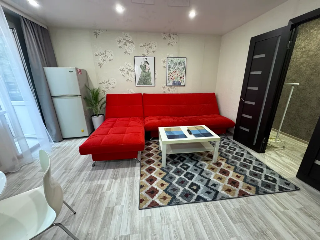 Двухкомнатная студия с красным диваном в центре города
