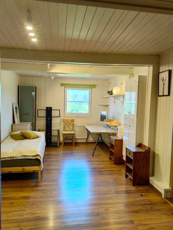 Дом с финской сауной внутри дома с большой беседкой и барбекю