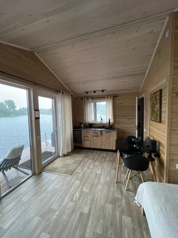 Дом на берегу реки, заснеженный лес, хаусбот