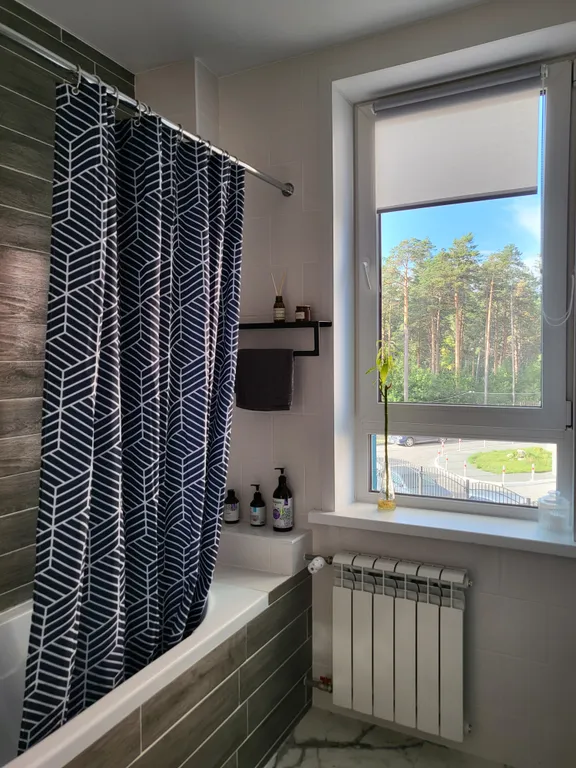 Blue studio - студия с окном в ванной комнате и видом на лес