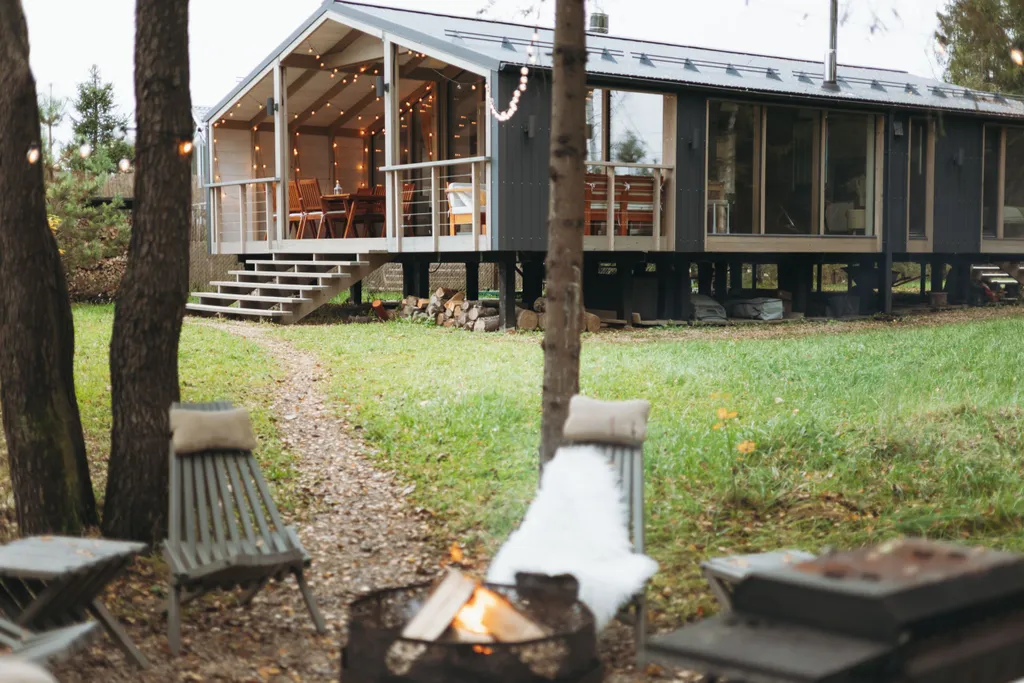 Дом с баней и чаном у воды и леса бохо