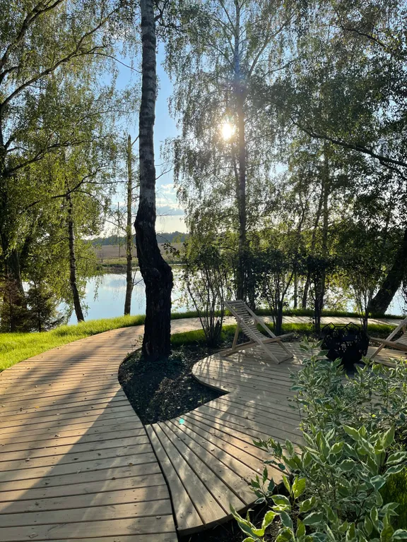 Уютный дом на берегу озера в березовой роще