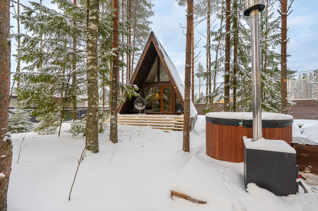 Стильный дом-шалаш с горячей купелью среди вековых сосен