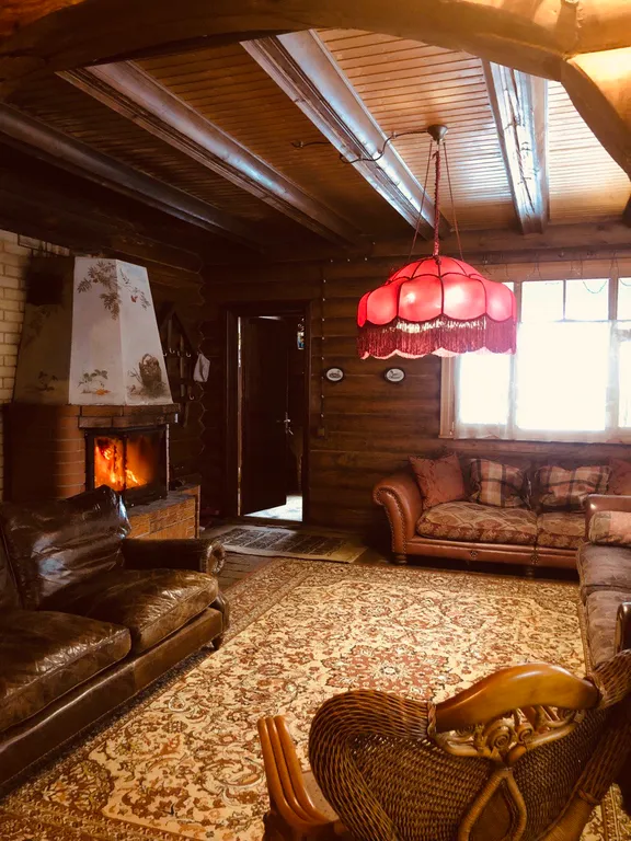 Изба (дом) из экологически чистого бревна под камышовой крышей в лесу