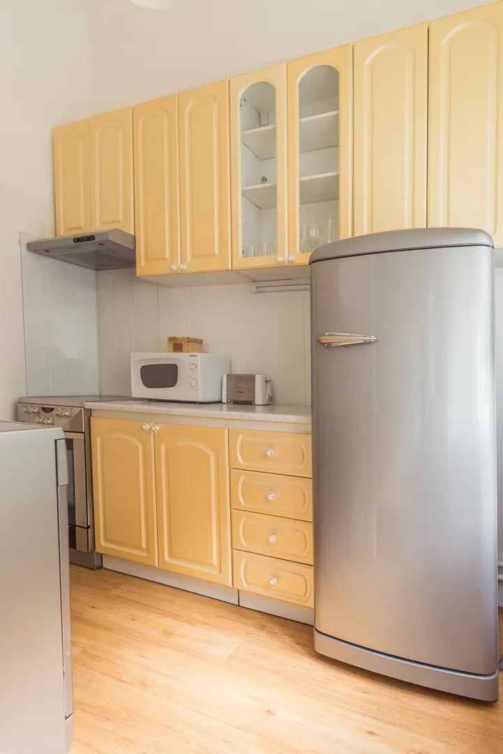 Кухня оборудована комбинированным холодильником, микроволновой печью, электроплитой, посудомоечной машиной, тостером, чайником, гейзерной кофеваркой.