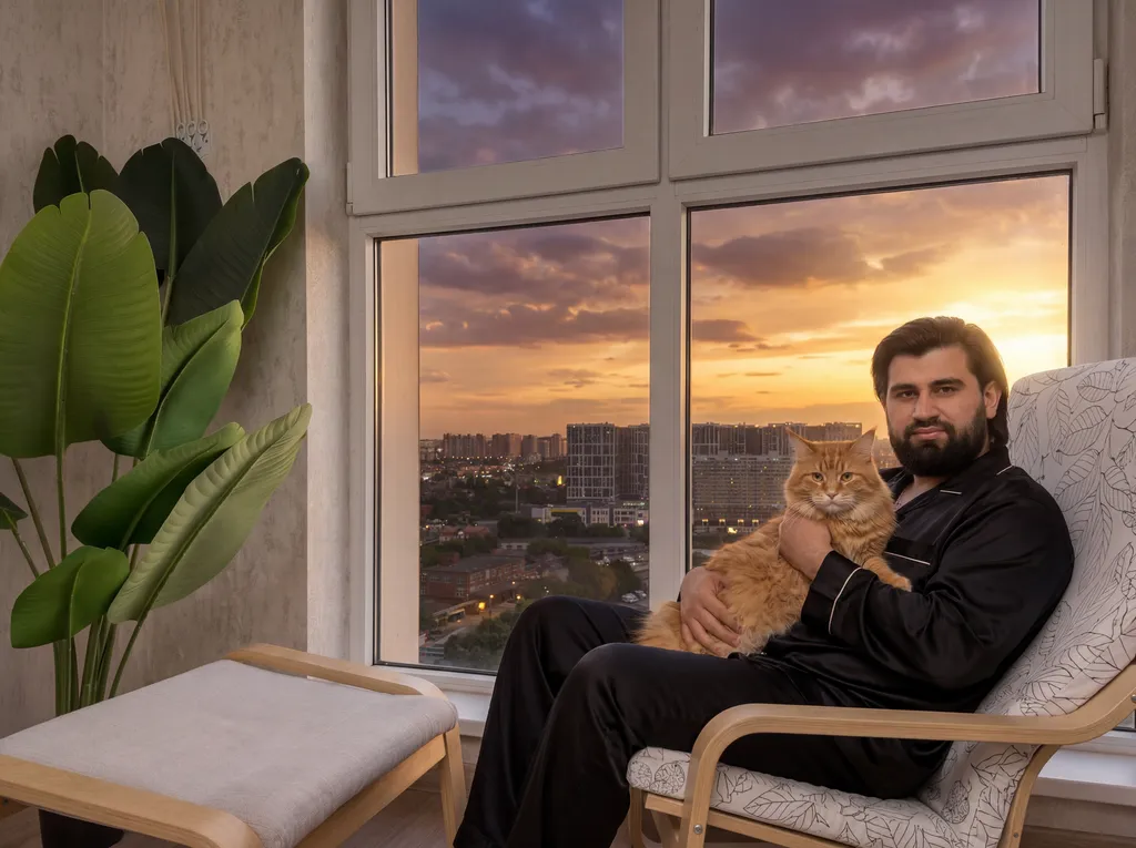 Апартаменты с видом на город в жк большом, в окнах виден закат