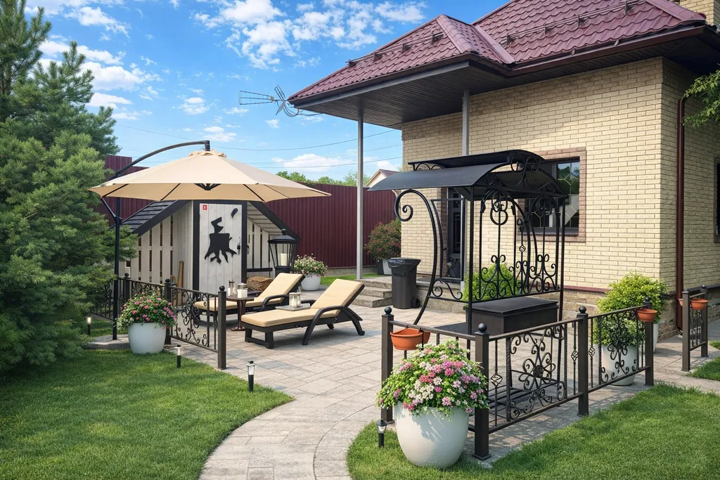 Современный домик с баней, чаном и беседкой