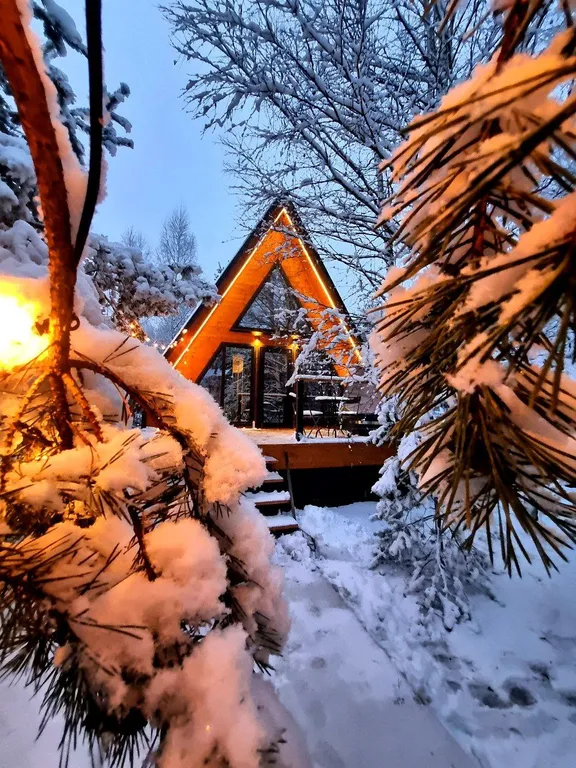 Уютный 3-к А-фрейм у реки с большой террасой и купелью