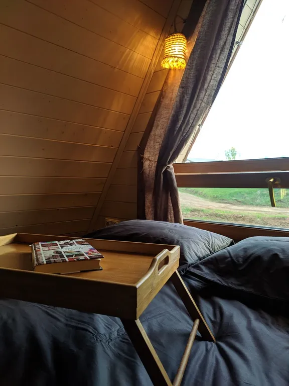 Лесной домик a-frame с террасой на холме, среди высоченных елей и берез