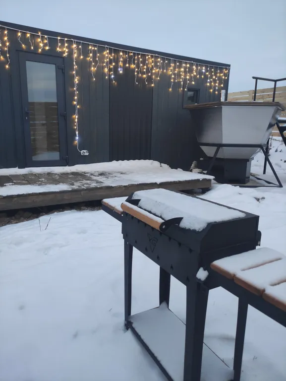 Уютный сканди домик с видом на озеро, баня, чан