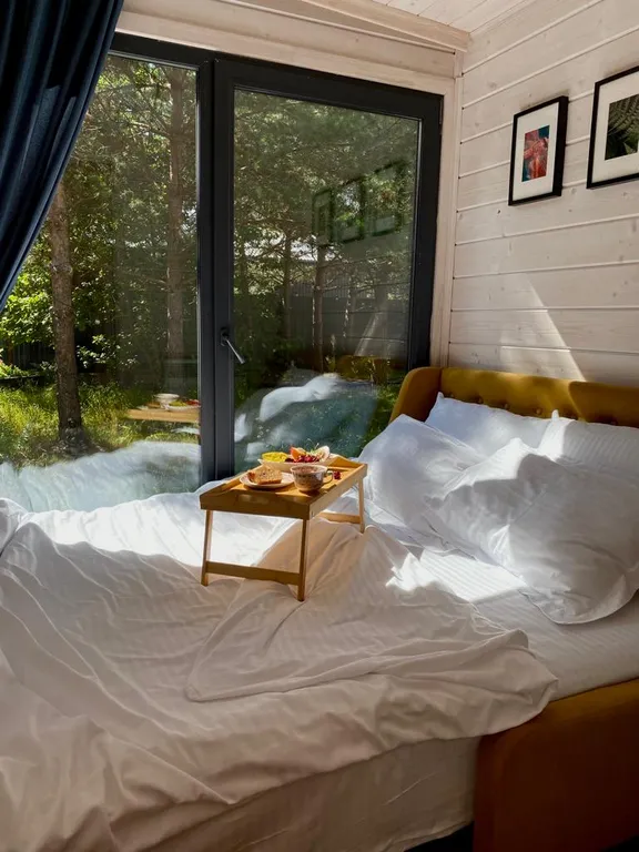 Скандинавский дом с ванной внутри и видом на лес