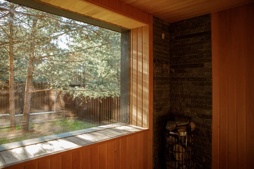 Дом с сауной и горячим чаном на участке с соснами