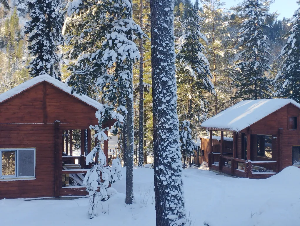 2х этажный коттедж, в зимнем лесу на берегу реки