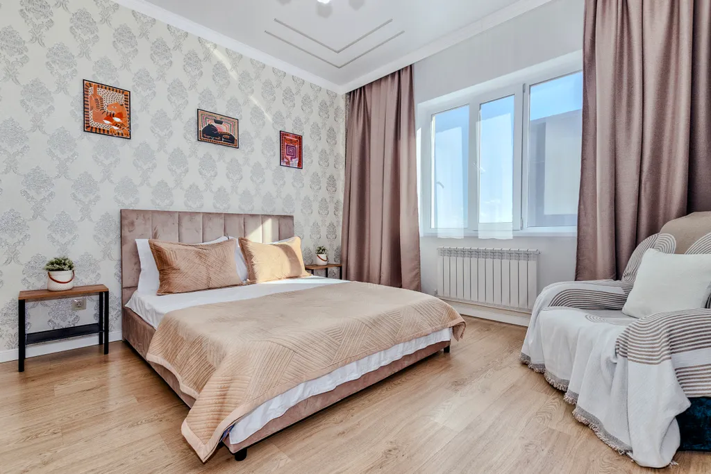 Уютная однокомнатная с видом на город возле набережной в Астане