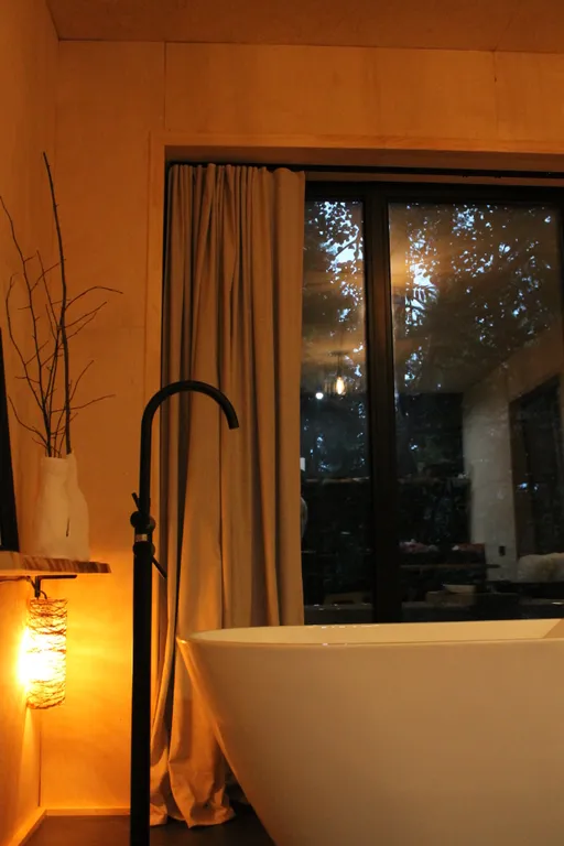 Дом с ванной у панорамных окон и высокой террасой в лесу