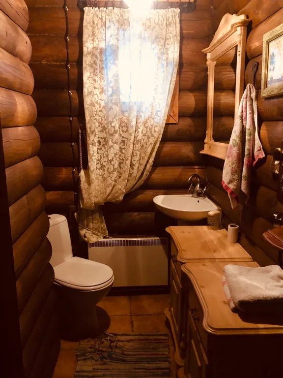 Изба (дом) из экологически чистого бревна под камышовой крышей в лесу