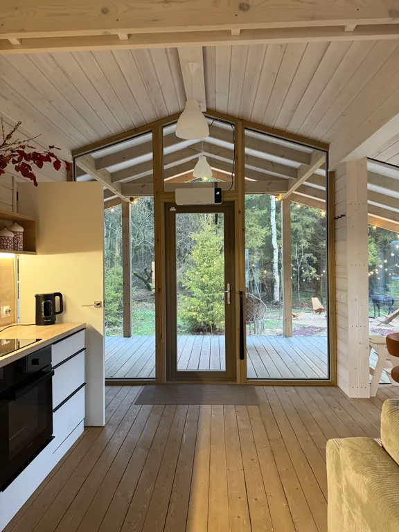 Дом с панорамным камином и видом на лес