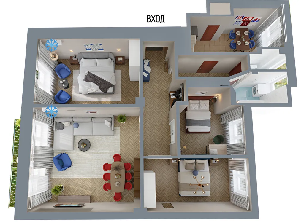 Просторная квартира с тремя спальными и балконом с видом