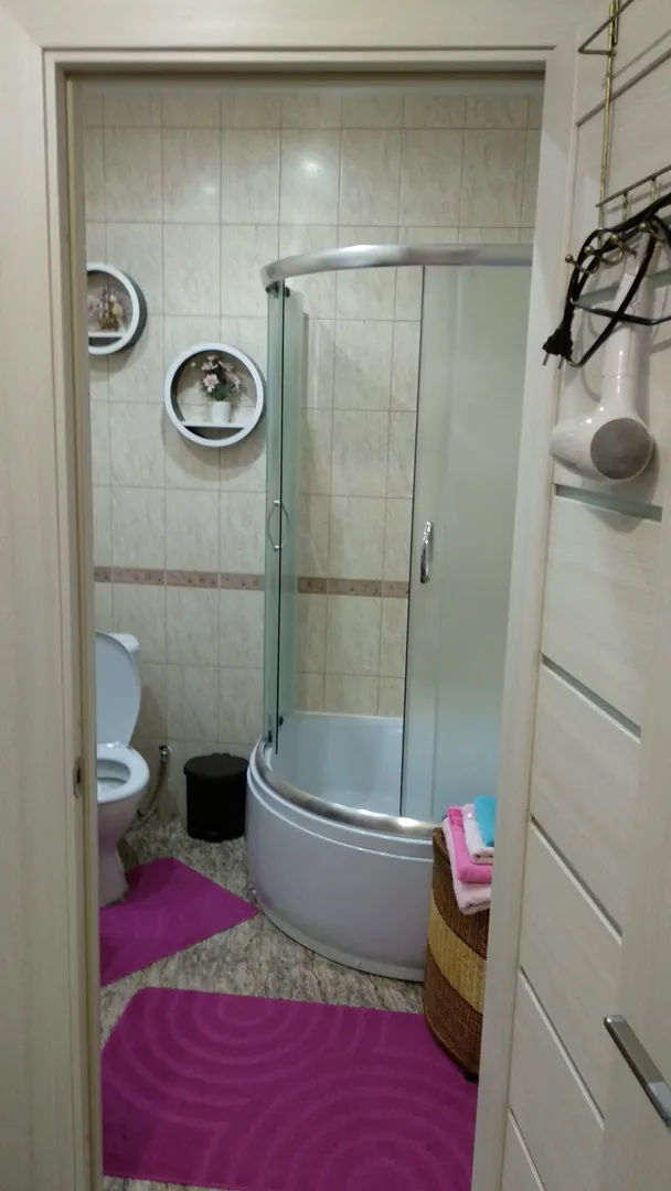 Ванная комната оборудованная душевой кабиной, санузлом, раковиной и стиральной машиной.