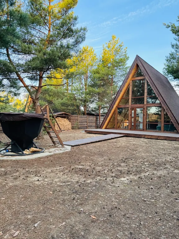 Дом с баней и банным чаном на краю соснового леса