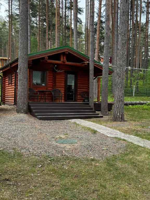 Дом с верандой из бревна у озера