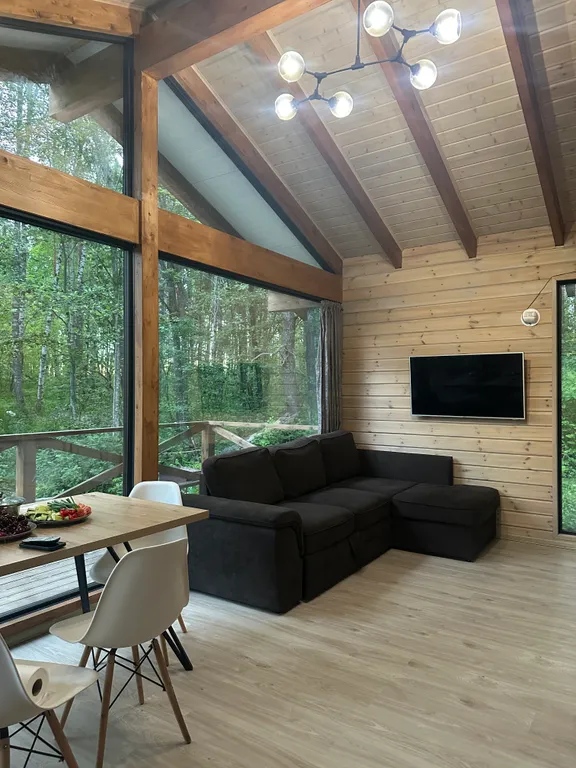 Дом с чаном и панорамными окнами с видом на лес