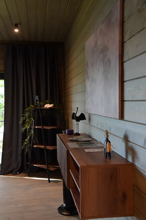 Дом с панорамными окнами в чаще леса у берега реки