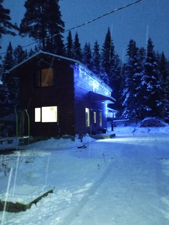 2х этажный коттедж, в зимнем лесу на берегу реки