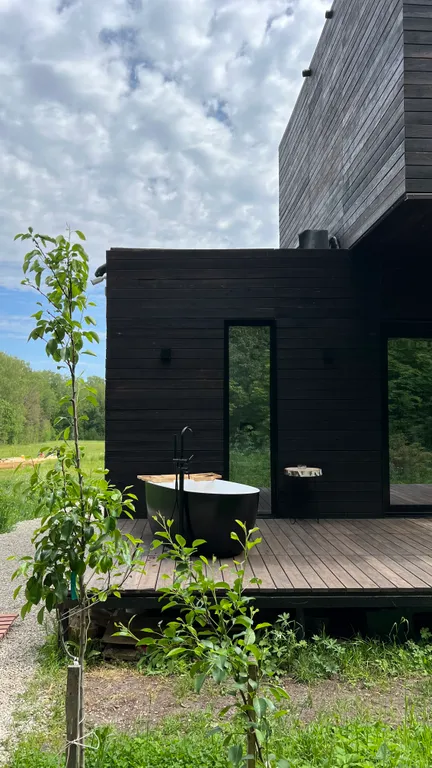 Премиальный дом с дизайнерским камином на дровах в лесу