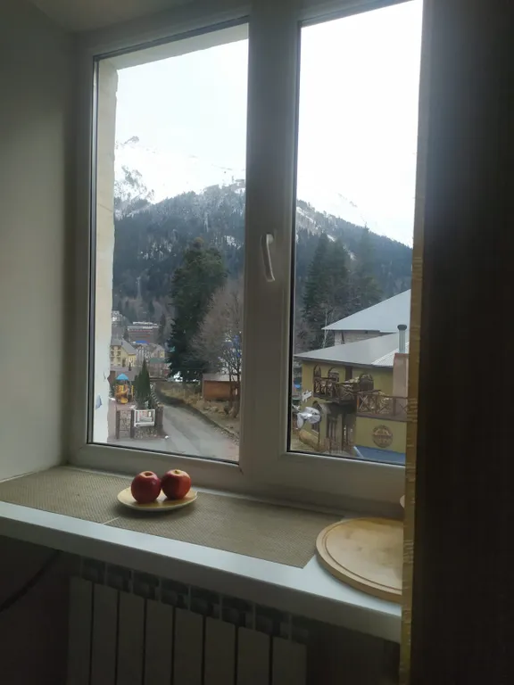 Панорамный вид из окон на горы и ущелья