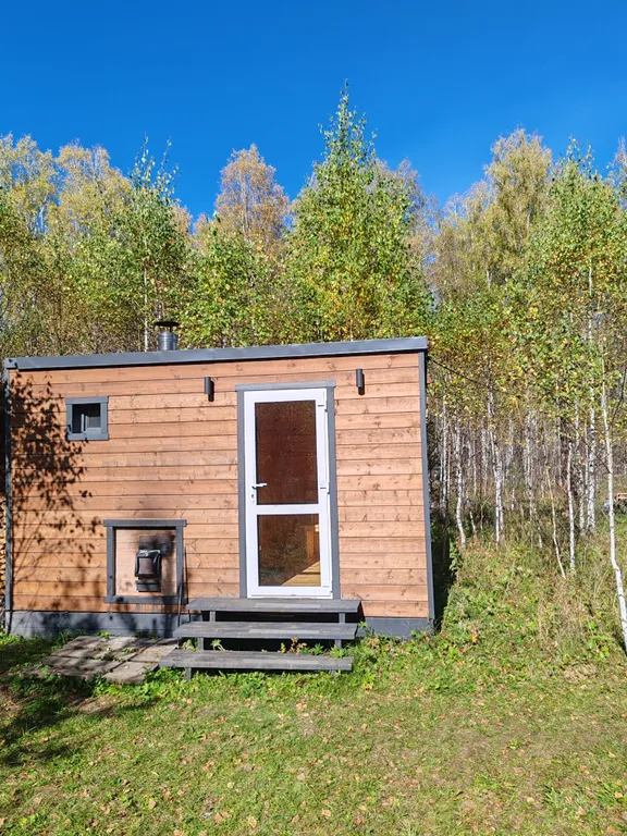 Скандинавский домик с панорамным окном в лесу