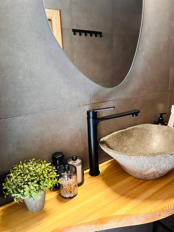 Дом с баней и банным чаном на краю соснового леса