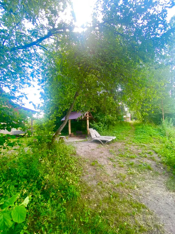 Деревянный дом на берегу реки с беседкой