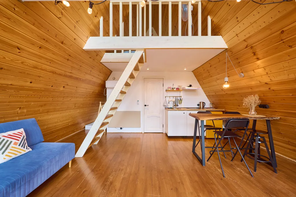 Уютный треугольный домик у леса с видом на горы