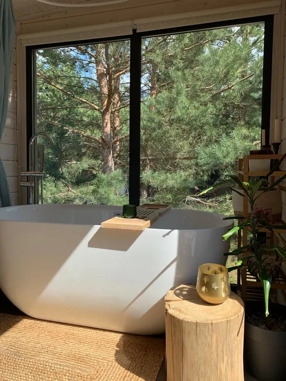 Скандинавский дом с ванной внутри и видом на лес