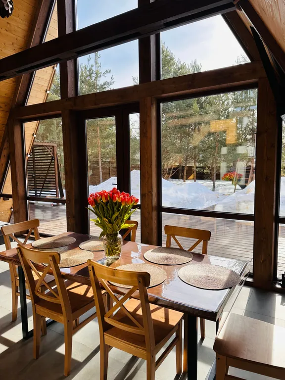 Дом с баней и банным чаном на краю соснового леса