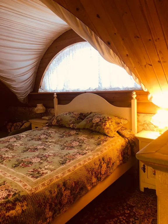 Изба (дом) из экологически чистого бревна под камышовой крышей в лесу