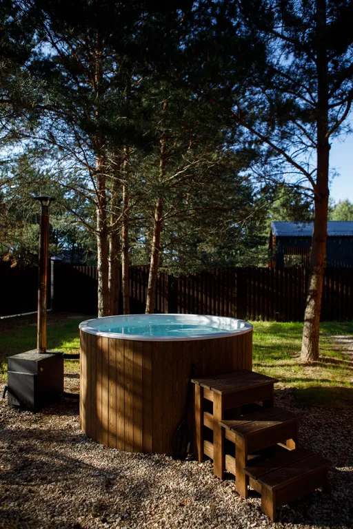 Дом с сауной и горячим чаном на участке с соснами