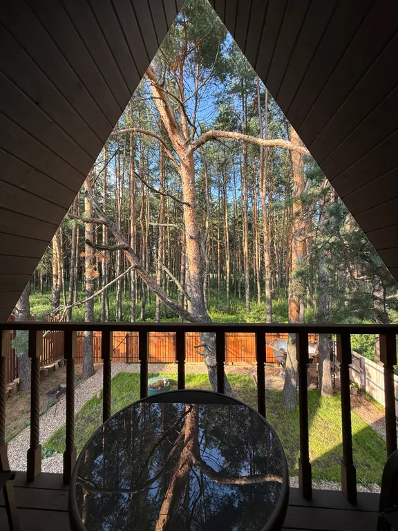 Большой треугольный домик с камином, с ванной у окна с видом на лес