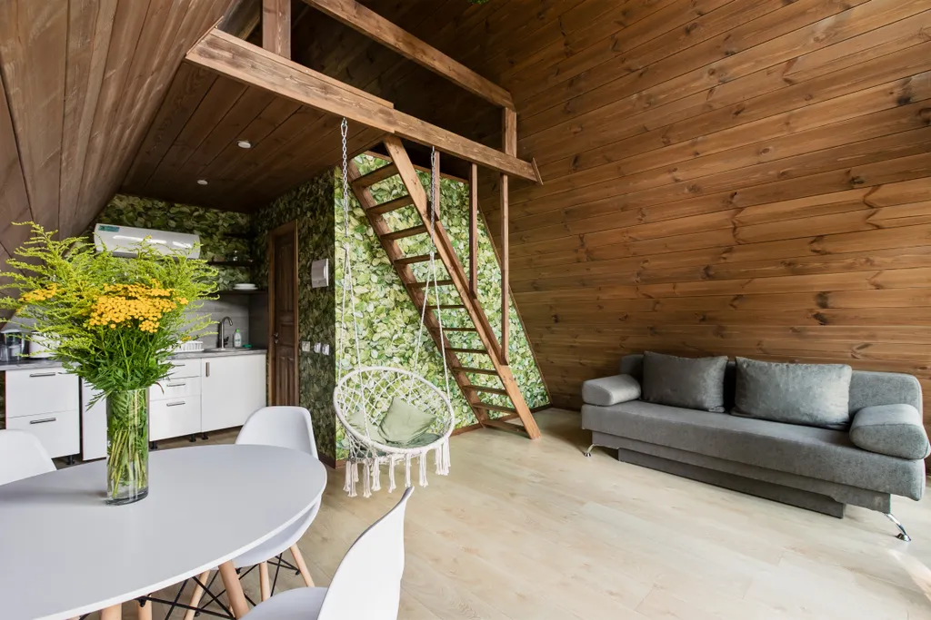 А-фрейм уютный домик у леса  с чаном